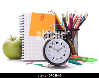 Sveglia, vuota del foglio per notebook e Apple. Schoolchild e studi dello studente accessori. Si torna a scuola concetto. Foto Stock