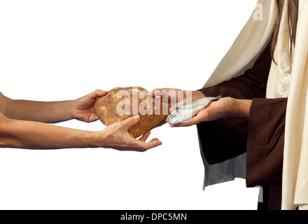 Gesù dona il pane e il pesce su sfondo bianco Foto Stock