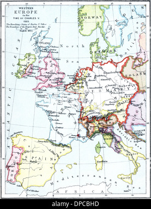 Mappa dell'Europa ai tempi di Carlo V, 1525. Foto Stock