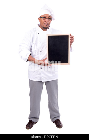 Lo chef maschio con scheda menu isolato in bianco Foto Stock