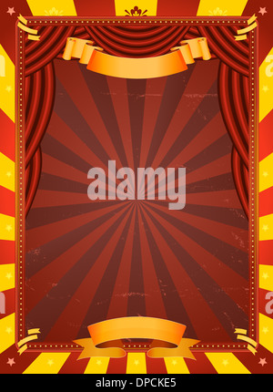 Illustrazione di un retrò di rosso e di giallo circus con uno sfondo con texture grunge e tendaggi rossi per eventi artistici e di intrattenimento Foto Stock