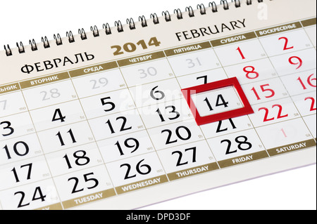Pagina del calendario con cornice rossa il 14 febbraio 2014. Primo piano. Foto Stock