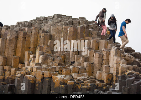 I visitatori a piedi e salire su pile di colonne di basalto che compongono la famosa in tutto il mondo Giants Causeway nella contea di Antrim. Foto Stock