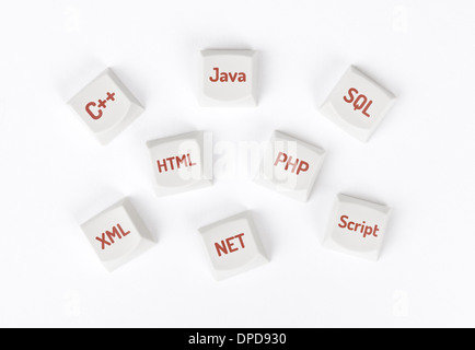 Concetto di computer i pulsanti della tastiera con diversi linguaggi di programmazione per sviluppare le applicazioni, gli script e le pagine web Foto Stock