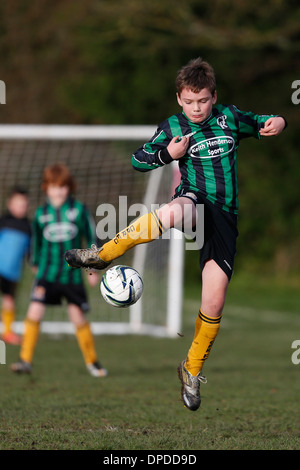 Hartley Wintney falchi junior team di calcio (giallo) play Curley Park Rangers in gioventù una partita di calcio in Hampshire 14-12-13 Foto Stock