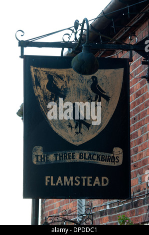 I Tre Merli pub segno, Flamstead, Hertfordshire, Inghilterra, Regno Unito Foto Stock