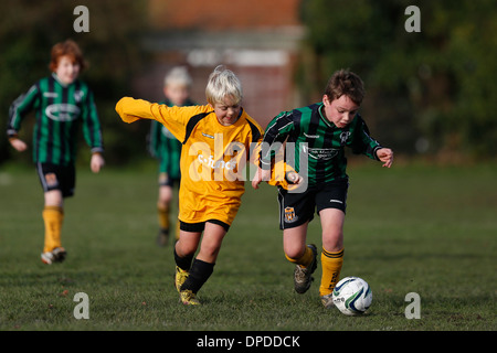 Hartley Wintney falchi junior team di calcio (giallo) play Curley Park Rangers in gioventù una partita di calcio in Hampshire 14-12-13 Foto Stock