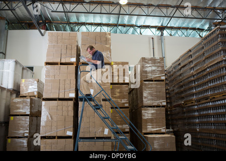 L'uomo su scale in magazzino con scatole di cartone Foto Stock