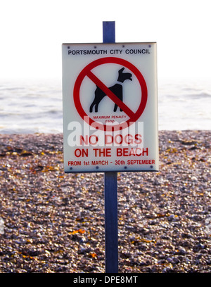 Un segno sulla Southsea seafront, Portsmouth, Inghilterra dichiarando che i cani non sono ammessi sulla spiaggia durante la stagione di punta Foto Stock