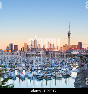 Westhaven Marina e dello skyline della città illuminata al tramonto, dal porto di Waitemata di Auckland, Isola del nord, Nuova Zelanda, Pacific Foto Stock