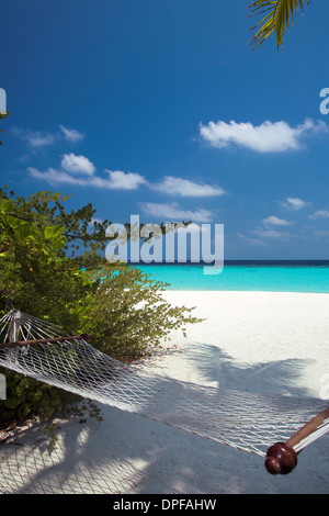 Amaca sulla spiaggia tropicale, Maldive, Oceano Indiano, Asia Foto Stock