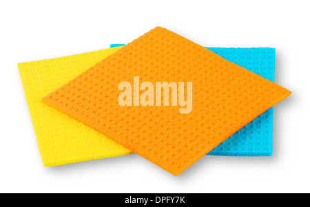 Tre quadrati panni microfibra isolati su sfondo bianco Foto Stock