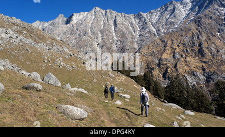 Camminando verso il lago di Got e Indrahar pass, Dhauladhar montagne, sopra Mcleodganj, Dharamasala, Himachal Pradesh, India del Nord. Foto Stock