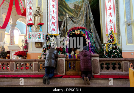 I discepoli sono in preghiera nella Cattedrale di San Giuseppe,Tianjin Foto Stock