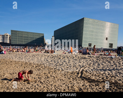 Lucertole da mare e nuotatori sulla spiaggia Zurriola con centro congressi Kursaal e auditorium in background, San Sebastian, Spagna Foto Stock