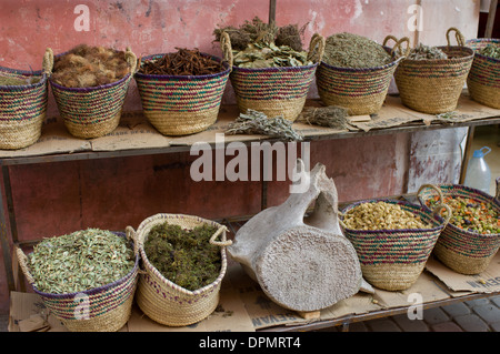 Bancarella vendendo le erbe aromatiche, le spezie e una vertebra di balena nella Medina di Marrakech, Marocco Foto Stock