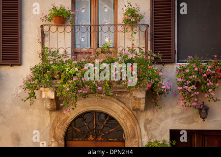 Fiori sul balcone e la parte anteriore della casa in Piezna, Toscana, Italia Foto Stock