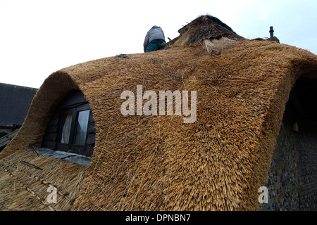 Regno Unito west sussex una thatcher lavorando sul tetto di un cottage Foto Stock