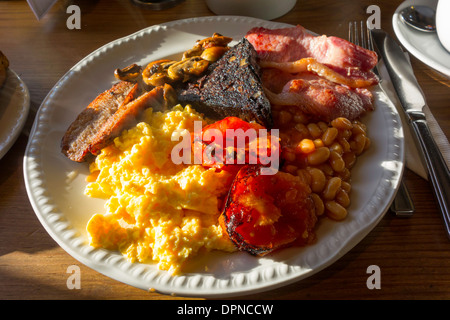 La completa prima colazione inglese bacon uova strapazzate funghi salsiccia fagioli black pudding e pomodori fritti serviti nello Yorkshire Foto Stock