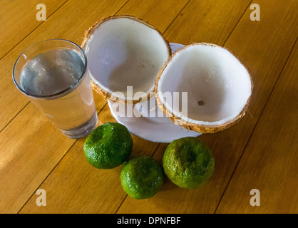Noce di cocco che ha avuto la buccia esterna rimosso, insieme con le arance locali che sono maturi quando essi sono di colore verde Foto Stock