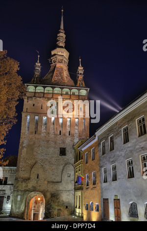 La torre dell'orologio di Sighisoara, Transilvania Romania Foto Stock