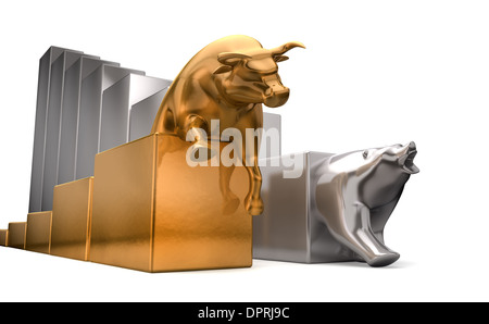 Una bolla d oro e platino sopportano le tendenze economiche competere fianco a fianco su un isolato sfondo bianco Foto Stock