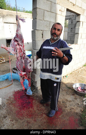 Dic 08, 2008 - Rahat, Israele - una famiglia di Beduini in Lakiya, Israele celebrare Eid al-Adha da sacrificare un agnello. Eid al-Adha o la festa del sacrificio è una festa religiosa celebrata dai musulmani e drusi in tutto il mondo in commemorazione della volontà di Abramo al sacrificio di suo figlio come un atto di obbedienza a Dio. Oggi in tutto il mondo i musulmani che hanno i mezzi per, il sacrificio di un Foto Stock