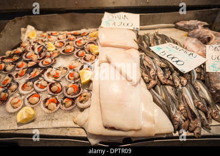 SANTIAGO, Cile - i filetti e le capesante di Jivia freschi vengono esposti in vendita presso la stalla di un venditore nella storica Mercado Central. Il mercato, il principale centro di pesce di Santiago, è specializzato in pesce fresco cileno, tra cui pesce e crostacei. I venditori locali mantengono le tradizionali pratiche di preparazione e vendita del pesce in questo edificio del mercato del XIX secolo. Foto Stock