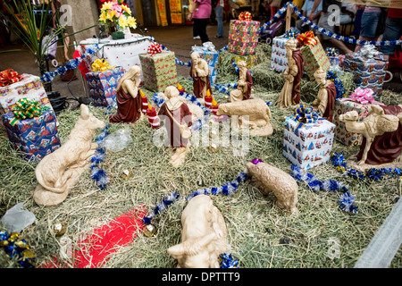 SANTIAGO, Cile - Presepe al mercato Centrale di la Vega nel centro del Cile, proprio di fronte al fiume Mapocho dal Mercado Central. La Vega è specializzata in frutta, verdura e latticini, nonché in numerosi ristoranti che preparano la cucina cilena. Questo mercato del 19th° secolo è una testimonianza della vivace cultura culinaria di Santiago ed è un luogo significativo sia per la gente del posto che per i turisti per esplorare l'autentica gastronomia cilena. Foto Stock