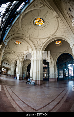 Estacion Mapocho Beaux Arts Stained Glass Dome Santiago Chile | SANTIAGO, Cile — Occhi in vetrata decorano i soffitti a volta all'interno dell'Estacion Mapocho. L'elaborato stuccato in stile Beaux-Arts e le pesanti arcate riflettono le ambizioni architettoniche dello sviluppo cileno del primo Novecento. Progettata da Emilio Jécquier e dotata di una monumentale volta a botte in vetro e ferro prefabbricata in Belgio, la stazione fu costruita nel 1912 come principale snodo ferroviario di Santiago. La monumentale sala di transito oggi funziona come centro congressi e culturale pubblico. Foto Stock