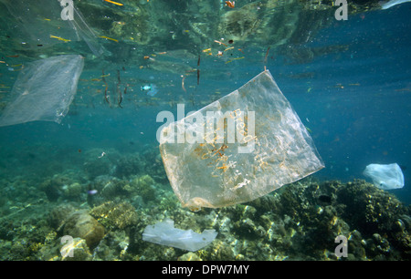 Sacchetti di plastica e altri rifiuti pericolosi subacquea flottante sulla barriera corallina nel Parco Nazionale di Bunaken, Nord Sulawesi Foto Stock