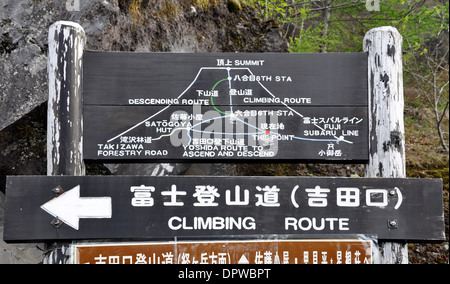 Arrampicata direzione segno all'inizio del sentiero per il Monte Fuji - Giappone Foto Stock