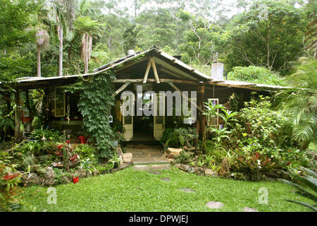 Mar 14, 2009 - Nimbin, Byron Bay, Australia - 62 yr old Carol Moore ha vissuto un carbonio-folle esistenza nella sua pioggia-foresta home a Main-Arm in Byron Bay entroterra per oltre trent'anni. Ha costruito la casa nel corso del tempo con il marito Jean-Pierre fuori di materiali trovati presso il locale di punta e di legname sulla proprietà di un ex fattoria di banana. La cittadina di Byron Bay in Australia la maggior parte ea Foto Stock