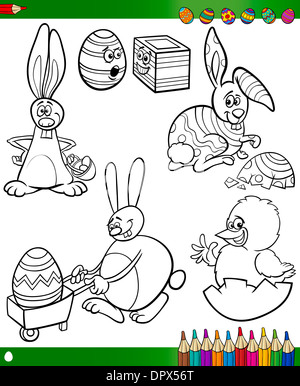 Temi di Pasqua insieme di raccolta del bianco e nero Cartoon illustrazioni con i conigli e polli per libro da colorare Foto Stock