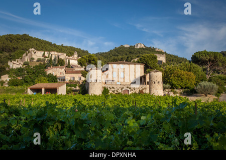 Vigneto e la città medievale di Gigondas, Provenza Francia Foto Stock