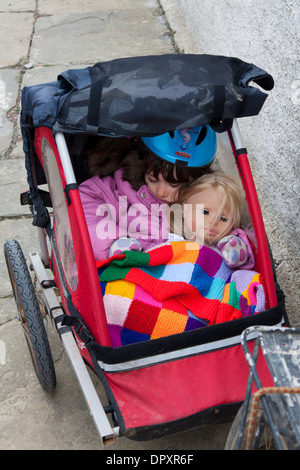 Il bambino nel rimorchio bici Foto Stock