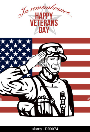 Biglietto di auguri poster che mostra illustrazione di un soldato americano veterani salutando con stelle e strisce di bandiera in background dei veterani di felice giorno. Foto Stock