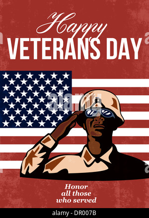 Biglietto di auguri poster che mostra illustrazione di un Africano soldato americano veterani salutando con stelle e strisce di bandiera in background dei veterani di felice giorno onorare coloro che servite. Foto Stock