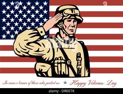 Biglietto di auguri poster che mostra illustrazione di un soldato americano veterani salutando con stelle e strisce di bandiera in background dei veterani di felice giorno in ricordo di coloro che ci proteggono. Foto Stock