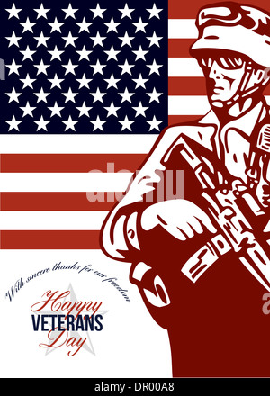 Biglietto di auguri poster che mostra illustrazione di un soldato americano veteran armalite portando fucile con stelle e strisce di bandiera Foto Stock