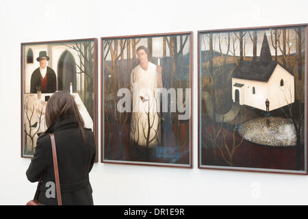 Londra, Regno Unito. Xvii gen, 2014. Nella foto: tre dipinti da Giovanni Caple. London Art Fair è il Regno Unito il premier destinazione per moderno britannico e di arte contemporanea. La ventiseiesima edizione ha luogo presso il Business Design Centre di Islington, Termina Domenica, 19 gennaio 2014. Foto: Nick Savage/Alamy Live News Foto Stock