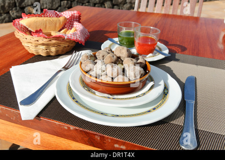 Tradizionale cucina canariana Canarian rugoso patate papas arrugadas con mojo Rojo e mojo verde salse Tenerife Canarie Foto Stock