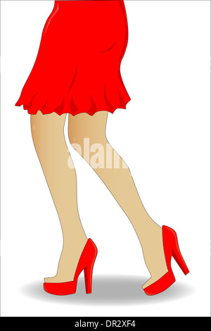 Un womans gambe in un mantello rosso e alta guarisce a piedi. Foto Stock