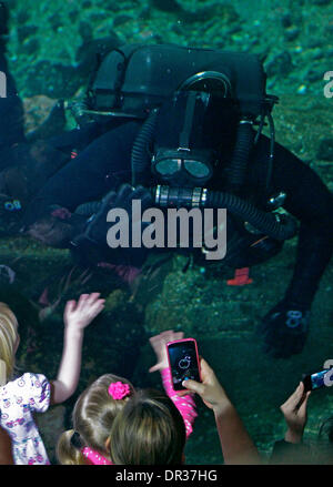 Vancouver, Canada. 18 gennaio, 2014. Un subacqueo dal Royal Canadian Navy dimostra abilità di immersione in acqua durante i subacquei' evento di fine settimana a Vancouver in Canada, Gennaio 18, 2014. Il Vancouver Aquarium ha ospitato il suo quindicesimo Divers' Weekend, un evento annuale per la presentazione di varie attrezzature subacquee e fornendo i seminari per i visitatori a conoscere le immersioni. © Liang Sen/Xinhua/Alamy Live News Foto Stock