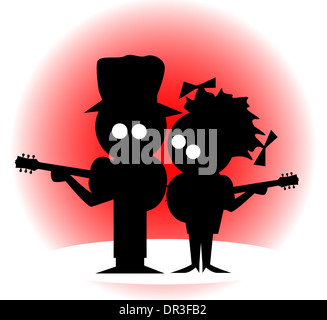 Silhouette di un personaggio dei fumetti duo con chitarre. Foto Stock