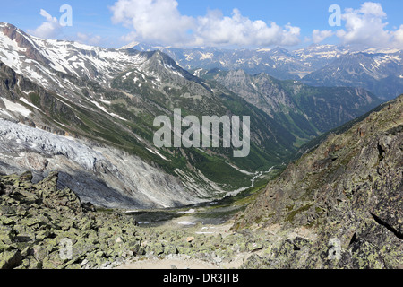 Il Ghiacciaio del Trient e valle. Sheepbacks rocce. Il Mont Blanc massiccio montuoso. Paesaggio alpino delle Alpi Svizzere. Foto Stock