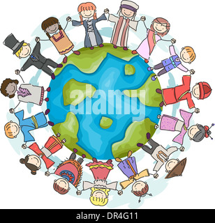 Doodle Illustrazione con i bambini che indossano costumi nazionali che circonda un globo Foto Stock