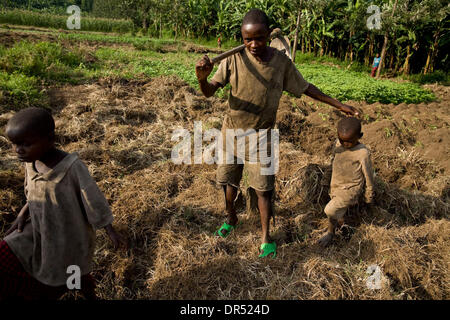 Dic 01, 2008 - Shasha, Repubblica Democratica del Congo - un sfollati congolesi uomo cammina attraverso un pezzo di terra con due bambini orfani, che egli ha avuto con la sua famiglia, vicino l'IDP (internamente sfollati) camp a 40 km (25 miglia) ad ovest di Goma. World Vision ha disposto l'accesso a un piccolo appezzamento di terra per alcuni degli sfollati al camp in modo che possano iniziare a rompere th Foto Stock