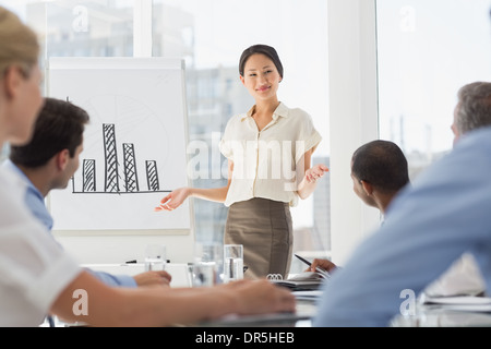 Sorridente asian imprenditrice presentando bar chart per i colleghi Foto Stock