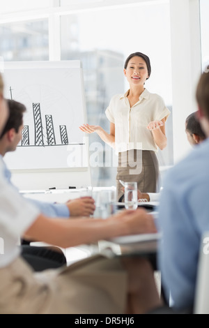 Felice asian imprenditrice presentando grafico a barre a co lavoratori Foto Stock